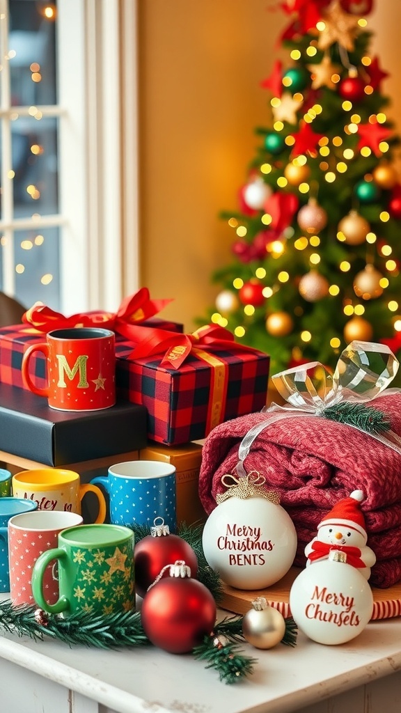 A collection of bulk Christmas gifts including mugs, blankets, and ornaments on a festive table.